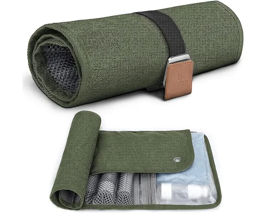 Roll-up design with buckle closure and dual metal grommets allows convenient storage and hanging. Made of durable and water-resistant canvas material to keep contents clean and dry. Perfect for traveling, camping, business trips, and everyday use.